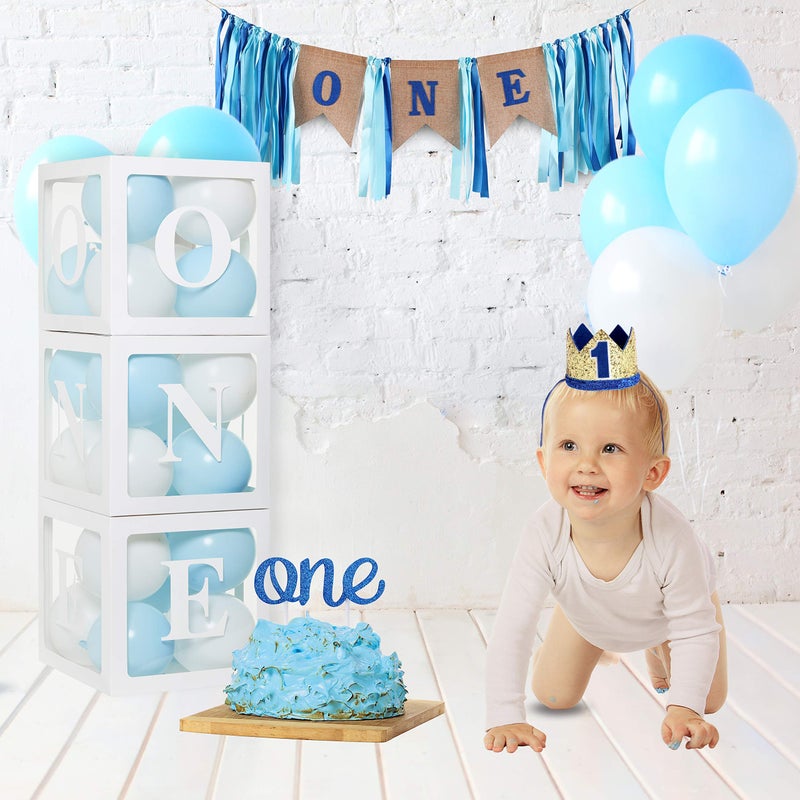 PartyHooman 1st Birthday 'ONE' Boxes - Boy Decorations with 24 Balloons - Clear Cube Blocks 'ONE' Letters for Cake Smash Photoshoot Props & Backdrop - Image 3